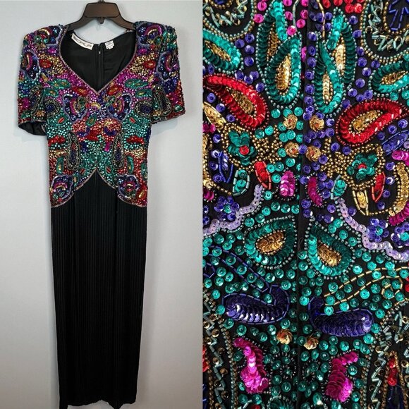 Scala Womens Sequin Dress Size Small Colorful Vtg Short Sleeve Evening Gown - Picture 1 of 15